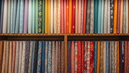 Vibrant textiles displayed for purchase on a rack in a tailoring shop.