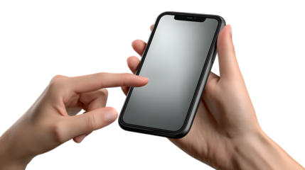 Hands holding and touching a smartphone isolated on transparent background
