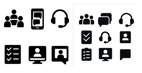 Communication and support solid icons set – flat, filled, chat and customer service symbols