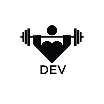 Minimalist DEV Logo with Dumbbell and Strong Arm Silhouette - Fitness Icon Design. DEV Letter Logo.

