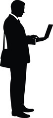 Silhouette of business person using laptop, holding briefcase, mobile office concept, technology professional, working pose, isolated vector design
