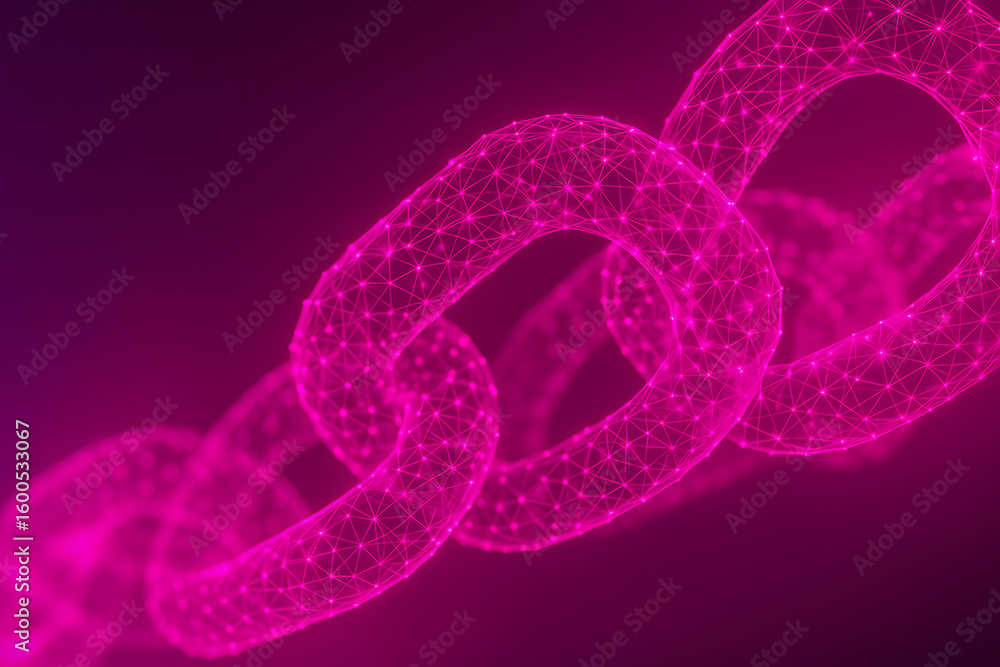 Poster futuristic abstract blockchain network rendered in glowing pink for crypto and digital technology co