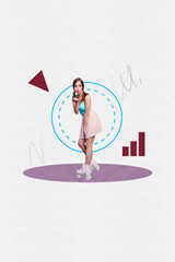Creative pop collage of young girl skater send air kiss on white background with button graphs