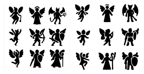 Fototapeta premium Fantasy creatures silhouette icons set – solid, mythical, magical symbols for design