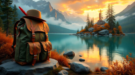Vintage green backpack on a rock, overlooking a serene lake at golden sunset
