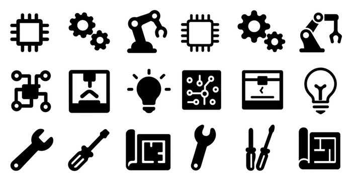 Engineering and technology solid icons set – industrial, mechanical, tools symbols
