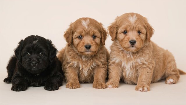 Three adorable cavoodle puppies aged eight weeks, two light brown and one black, sitting together on a neutral background.