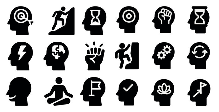 Self-improvement filled icons set – motivation, growth, mindset symbols
