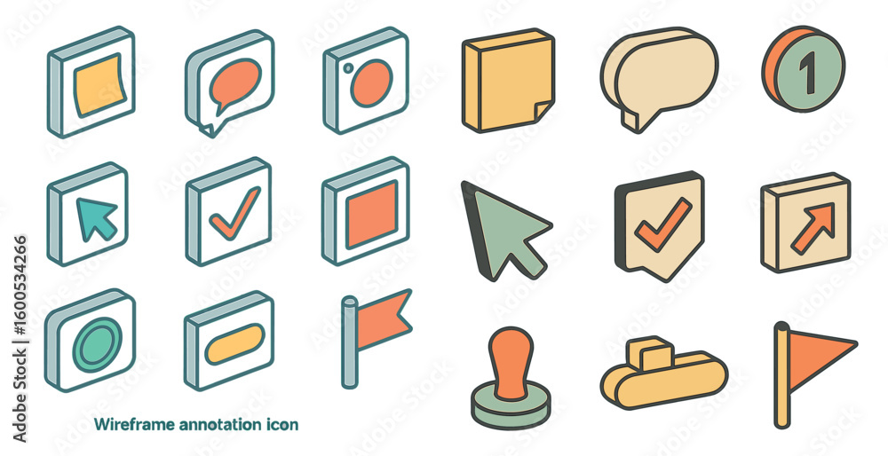 Poster annotation and comment icons set – isometric, wireframe, messaging symbols