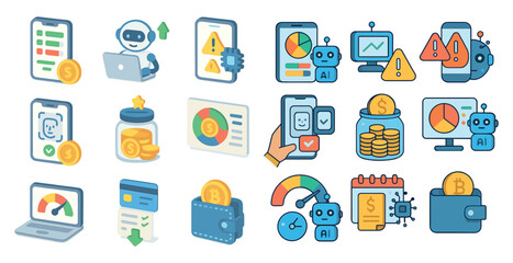 Finance and technology flat icons set – solid, banking and digital currency symbols