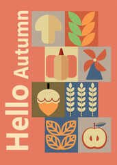 Autumn simple poster set. Autumn flyer set of designs Scandinavian mosaic. Banner autumn elements. Autumn design poster. Vector illustration.
