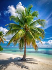 Obraz premium A majestic palm tree stands tall on a sandy white beach with crystal clear turquoise waters in the background surrounded by lush greenery