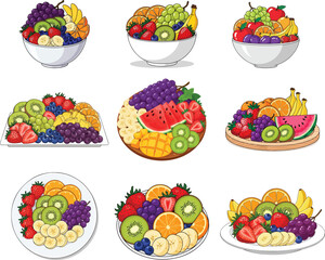 Colorful Fruit Bowl Illustration with Assorted Fresh Tropical Fruits 