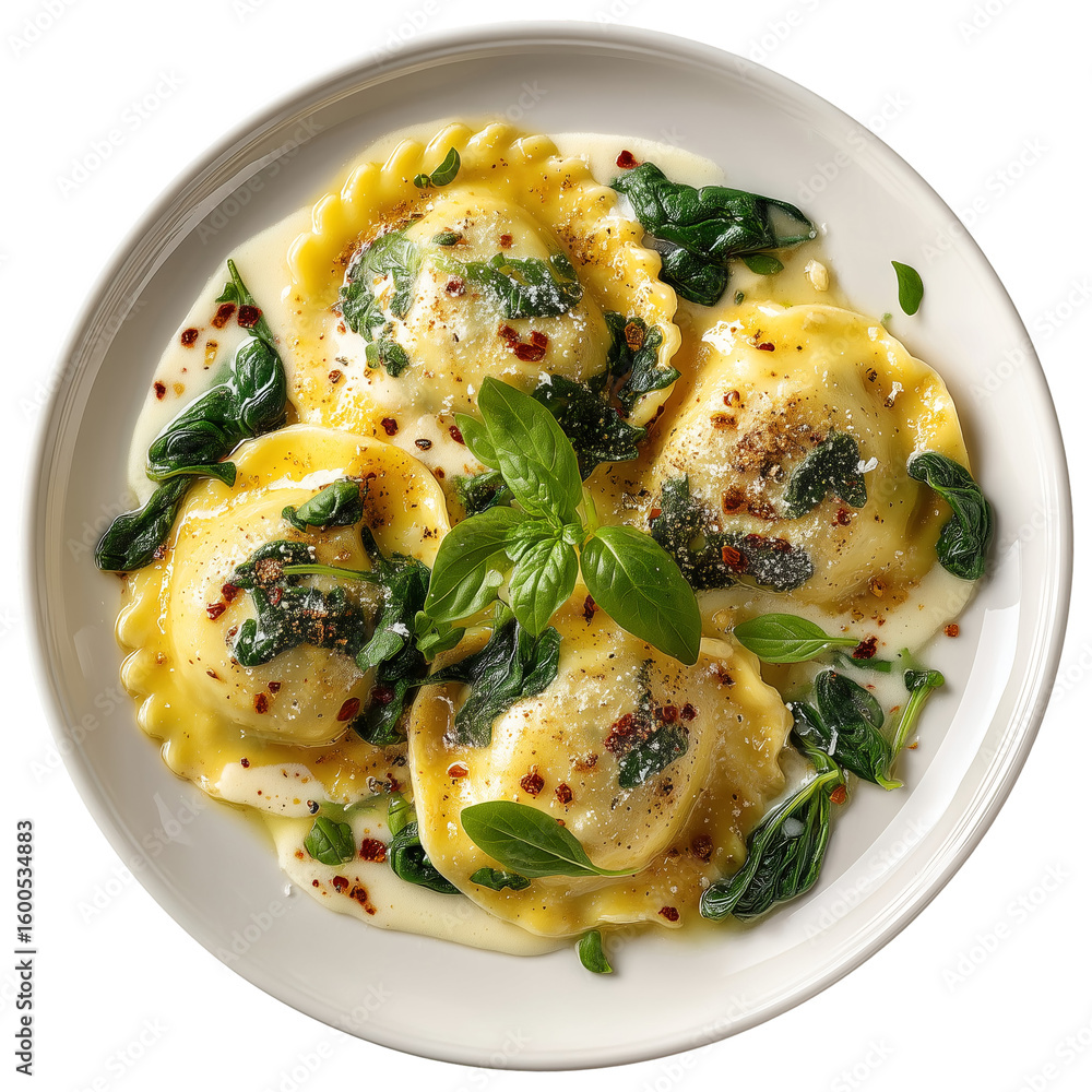 Poster close up of ravioli with spinach and basil on a white plate overhead view isolated on transparent ba