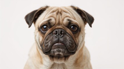 Close-up of a charming sorrowful pug gazing into the camera, isolated