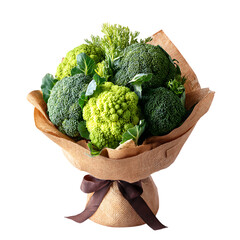 Fresh broccoli and romanesco vegetable bouquet tied with a ribbon isolated on transparent background