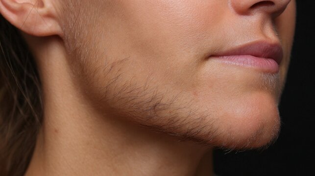 Side view of womans jawline with visibly dark hairs sprouting swiftly demonstrating cosmetic challenges of hirsutism.