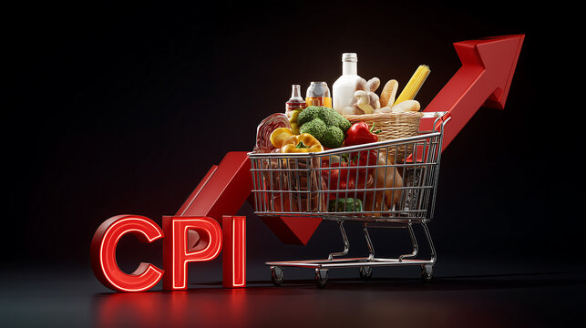 A shopping cart filled with groceries with a red arrow pointing up next to the word cpi in red letters