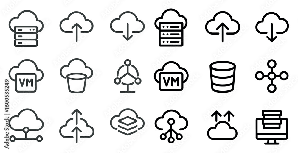 Poster cloud computing line icons set – outline, tech, digital network symbols
