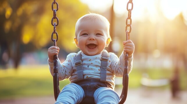 Joyful baby with wide smile swinging in park at sunset, wearing overalls and patterned shirt, capturing pure happiness and outdoor playtime