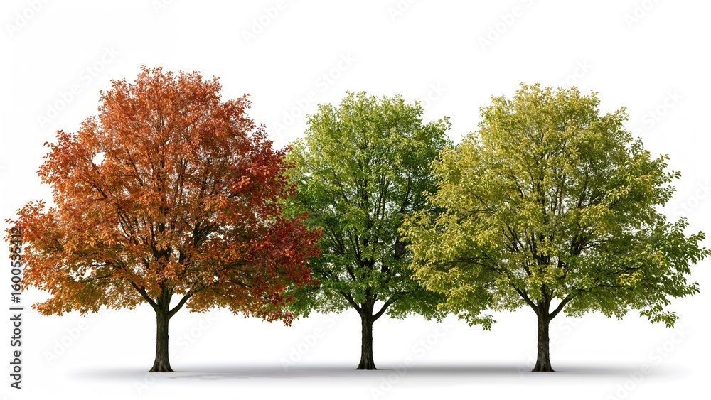Poster close perspective of grouped trees in both fall and spring, separated on a white background with cli