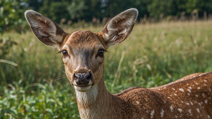 Obraz premium Portrait shot of a deer amidst tall grass under natural lighting, showcasing the animal's sharp look and delicate coat, suited for wildlife and nature concepts.