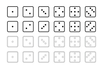 Collection of different game dice cube icon set or betting icon set black and white with dot numbers from one to six vector illustration.