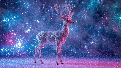 Holiday concept showcasing a luminous glitter deer on a radiant background. Neon effect.