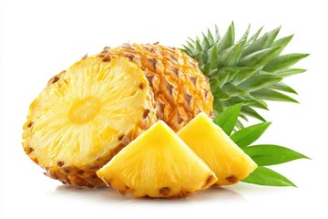 Ripe Yellow Pineapple Slices with Green Leaves on White Background