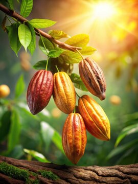 Exotic cacao fruit pods suspended in mid-air from a lush green tree branch against a warm sunny backdrop of the rainforest canopy