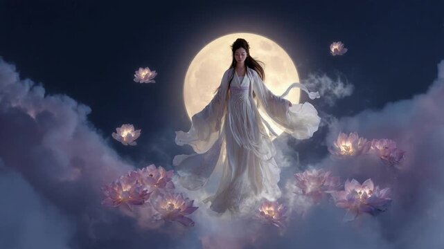 Moon Goddess surrounded by lotus flowers, with a full moon and soft clouds in the background, creating a serene and enchanting atmosphere for the Chinese Mid-Autumn Festival
