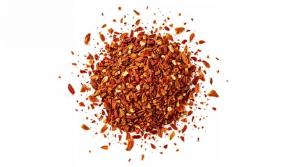 Overhead perspective of a heap of dried red chili flakes and seeds isolated on white