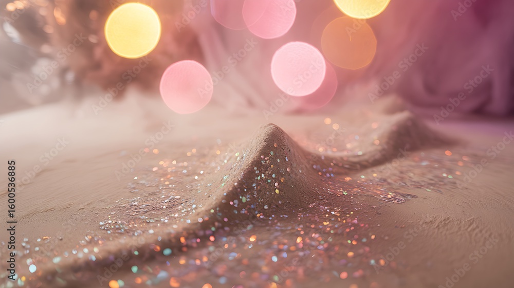 Poster a closeup of a textured surface covered in shimmering glitter with soft colorful bokeh lights in the