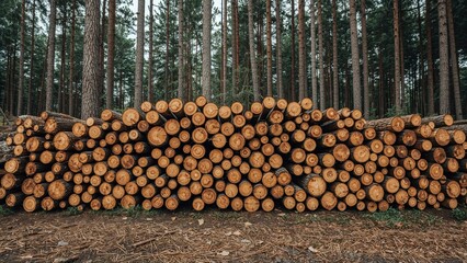 Stacks of pine logs in a wooded region. Groups of sawed wood. Tree trunks, lumber operations, industrial harm. Forest loss. Nature conservation topic, illegal tree cutting.