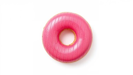 Top-down perspective of a single pink donut on a white background