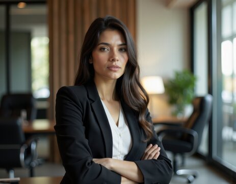 Head shot portrait of pretty young businesswoman posing with arms crossed in modern workspace looking at camera with serious peaceful expression Motivated female business leader competence career