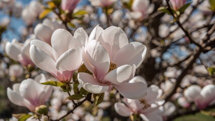 Obraz premium Sunlit pink magnolia blooms captured in detailed close-up