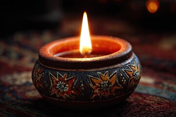 Close-up of a burning candle in a decorative, terracotta-colored bowl