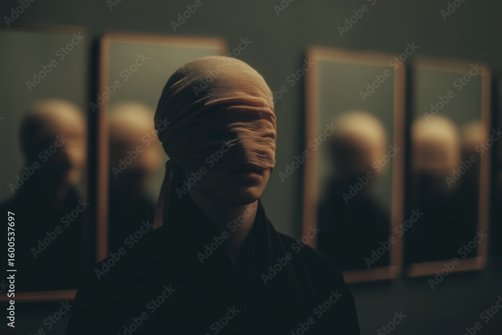 Aufkleber person with blindfold standing in front of multiple mirrors in a dimly lit room during an artistic e