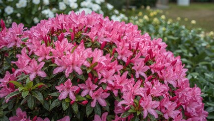 Obraz premium Lush Pink Azalea Plants with Flowers in Green Space