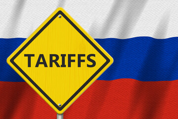 Tariffs yellow warning sign with a Russian flag