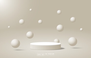 Abstract white cream 3d cylinder podium pedestal or stage for show product with balls floating or bouncing up and down on the air. Round 3D stage scene for showcase. Vector geometric platforms design