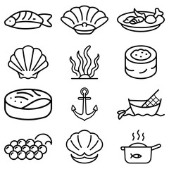 Collection of seafood related icons including fish shells and cooking pot in outline style design vector