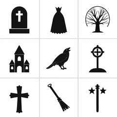 Black silhouette icons of gothic and spooky objects tombstone dress