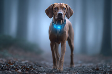 Dog with GPS collar walks through foggy forest trail in early morning light