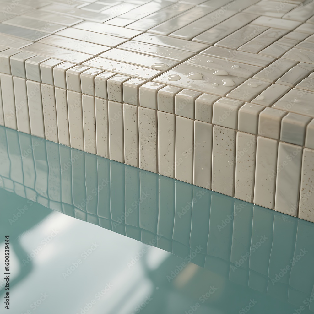 Aufkleber a closeup angled view of a swimming pools edge showing white rectangular tiles with water droplets a