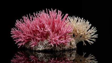 Pattern of pink and white coral set on a shiny black reflective background