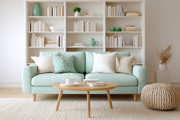 Fototapeta premium Cozy living room featuring a bookshelf wall with decorative elements and a comfortable sofa