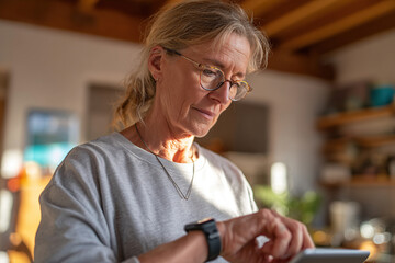 Senior woman using tablet in cozy home environment during daylight hours