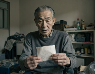 書き置きを読むシニア男性 メモ書き 走り書き メッセージ 驚き 不安 Senior man reading a note, note-writing, scribbling, message, surprise, anxiety.
